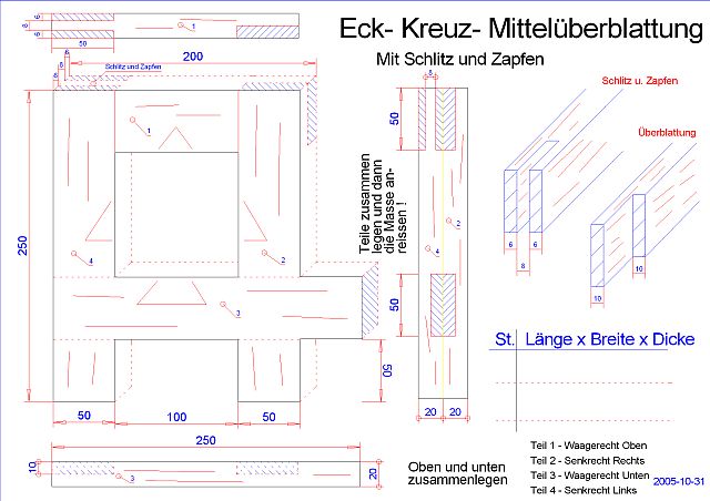 Eck-Kreuz-
              Mittelberblattung mit Schlitz und Zapfen-Cad